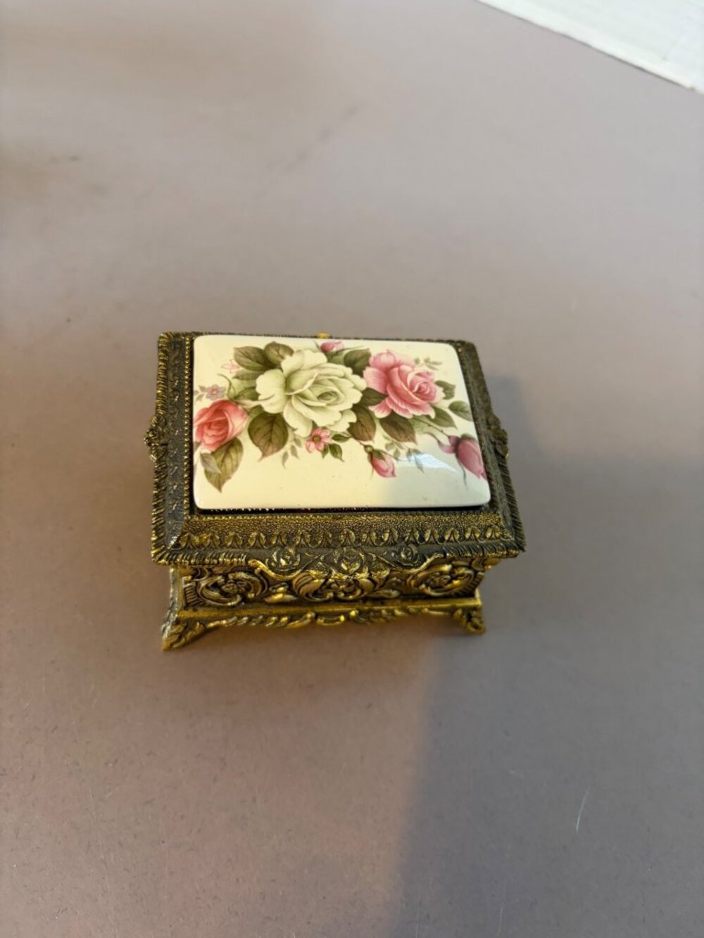 Vintage Ornate Gold Trinket Box With Floral Porcelain Lid Decorative Keepsake Bo